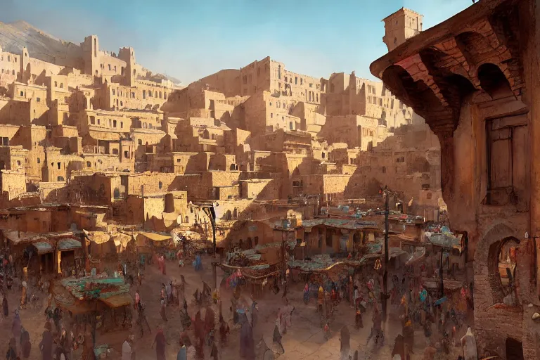 Prompt: low angle in the middle of a adobe house kasbah town, mud and brick houses, merchant street, pueblo dense architecture, colorful crowd. Huge persian temple in a plaza, round roof. Scenic view at night, underexposed, clean horizon, matte painting by craig mullins and dan mumford, dark fantasy, style of game of thrones, concept art trending on artstation, 4k, insane details