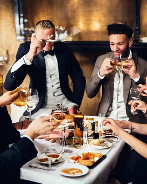 Prompt: a group of well dressed gentleman eating toothpast toasts in a fancy restaurant,