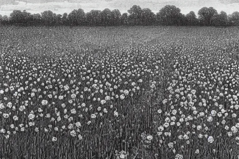 Prompt: black and white, close-up flower field, Gustave Dore lithography