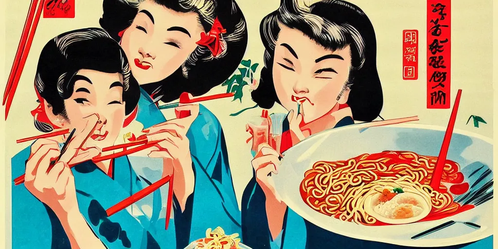 Image similar to 2 beautiful women holding chopsticks and eating a bowl of ramen, 1950s poster art