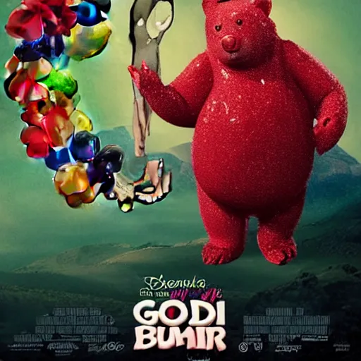 Image similar to a gummy bear comes to life as a human but is gobbled up by a child, portrait, cinematic blockbuster comedy, good times.
