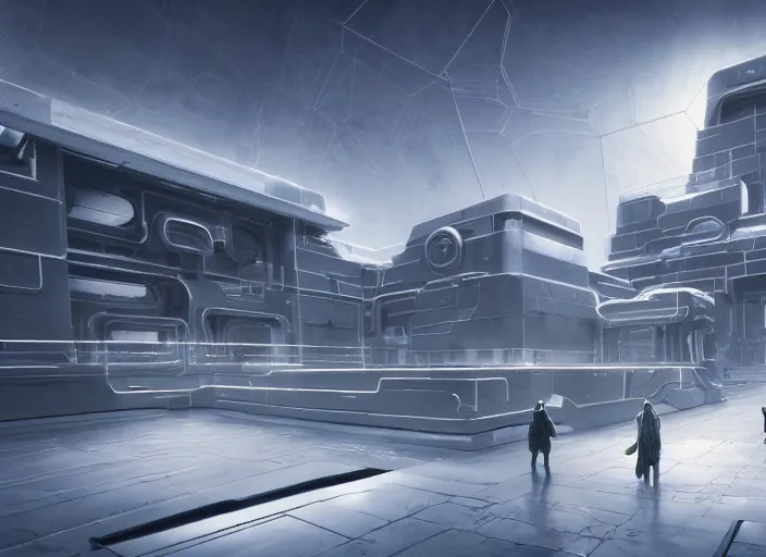 Image similar to cult of technology, exterior, scifi, temple, machines, robots, ultra realistic, transparent labs, metallic surface, highly detailed, white, futuristic landscape, city, utopian architecture, atmosphere, masterpiece, portals, epic lighting, glow, mysterious, 4 k, cinematic, art by patryk olkiewicz and chris ostrowski and liang yao