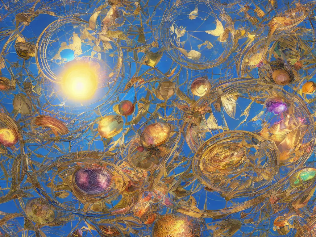 Image similar to 3 d render, sunlight study, the universe is a spheroid region 7 0 5 meters in diameter, art nouveau, by maria sibylla merian and ( ( ( ( ( lisa frank ) ) ) ) ), 8 k, sharp focus, octane render