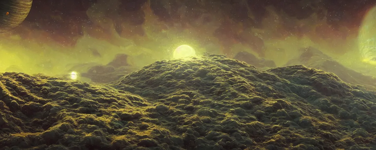 Image similar to ” outer planet covered in whipped cream, [ art by paul lehr, cinematic, detailed, epic, widescreen, opening, establishing, mattepainting, photorealistic, realistic textures, octane render ] ”