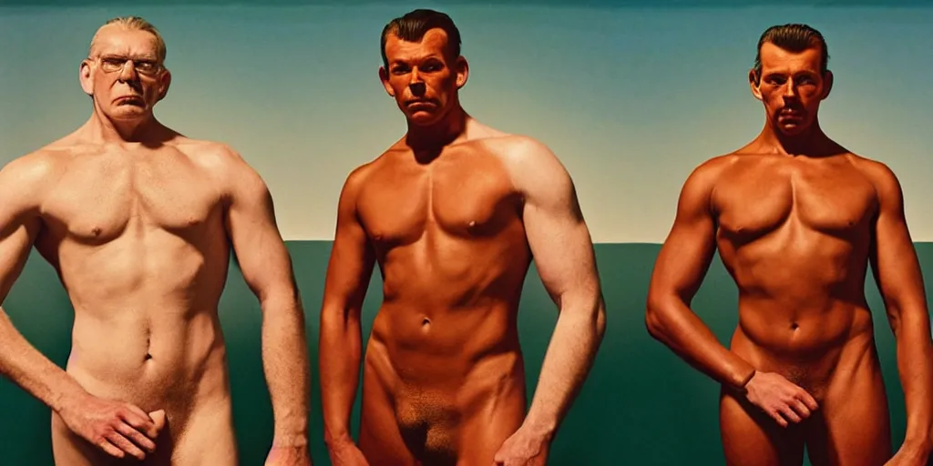 Prompt: full body portrait of two muscular men multicultural highly detailed sharp zeiss lens 1. 8 high contrast golden hour cinematic days of heaven detailed by gottfried helnwein ryan mcginley robert mapplethorpe david armstrong alexander mcqueen tom of finland transgender wolfgang tillmans