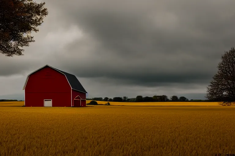 Prompt: Landscape with a red barn in the countryside, bocages, sparse trees, cloudy skies, golden ratio, ARRI ALEXA Mini LF, ARRI Signature Prime 40 mm T 1.8 Lens, 4K film still by Sam Mendes, Roger Deakins,