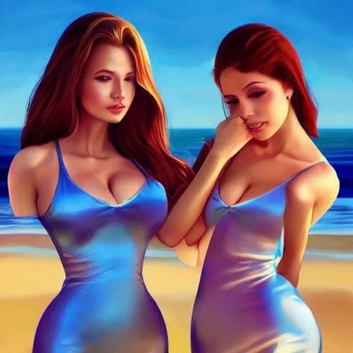 Prompt: two beautiful princesses in skintight satin minidresses on the beach drawn by artgerm and charlie bowater