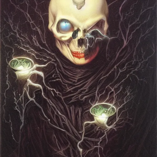 Prompt: Portrait of Death by Gerald Brom, downlit