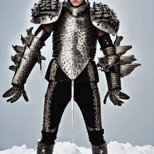 Image similar to a portrait of a beautiful young male wearing an alexander mcqueen armor made of snow , photographed by andrew thomas huang, artistic