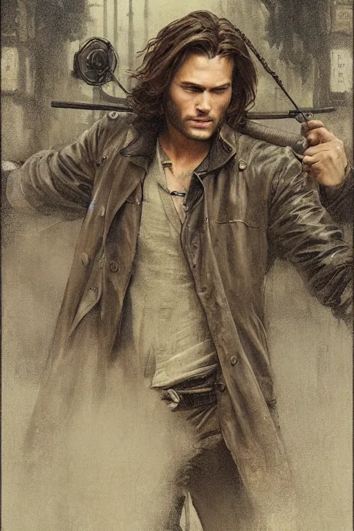 Image similar to a detailed matte portrait of sam \ winchester in a supernatural sherlock holmes story, 1 8 th century london in the rain, city streets, ominous, masterpiece, 8 k, art by alphonse mucha and greg rutkowski