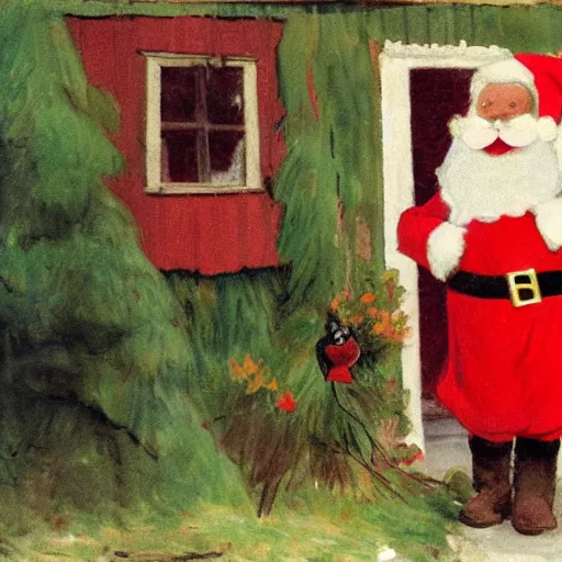 Prompt: a rabbit dressed as santa stands outside a red cottage in the swedish countryside, in the style of anders zorn