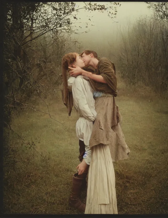 Image similar to peasant boy and girl first kiss, secretly on a village, Cinematic focus, Polaroid photo, vintage, neutral colors, soft lights, foggy, by Steve Hanks, by Serov Valentin, by lisa yuskavage, by Andrei Tarkovsky