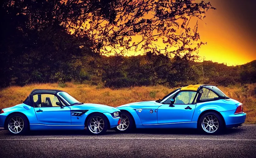 Image similar to “Beautiful Blue BMW Z3 driving fast on country road. Wheels rotating. Sunset background. Advertisement. Motion blur, high detail, zoomed in, fish eye lense. Artstation. Cinematic lighting.”