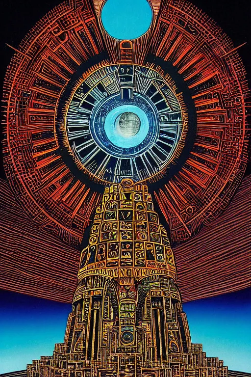 Prompt: a blazing geometric sun above a techno monolithic temple, detailed, 4 k, warm colours, by stanley donwood and philippe druillet,