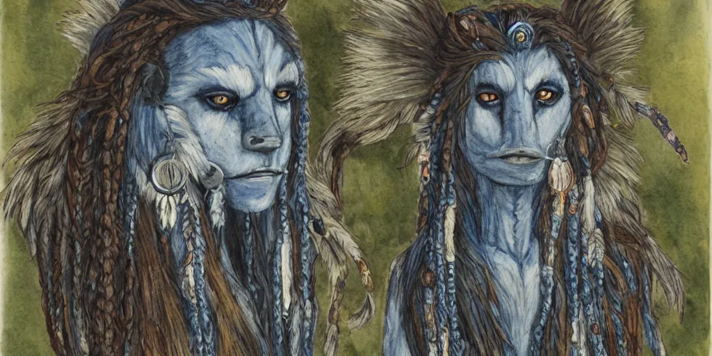 Prompt: realistic painting of an anthropomorphic werewolf, furry, blue / white fur, in a misty forest at night, with braids and beads in mane, native american clothing,, heavily detailed, early 2 0 0 0 s, in the art style of quetzecoatl, using watercolor, ink, colored pencil, and paint