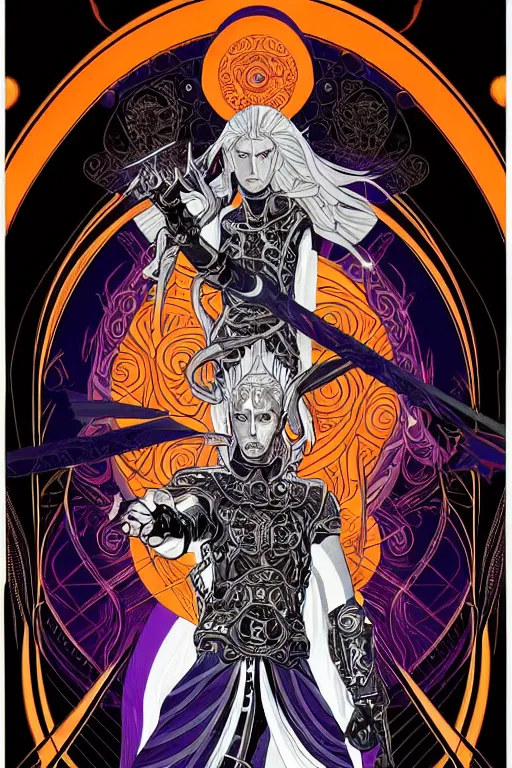 Image similar to a stunning and hypnotic full-color futuristic art nouveau styled action portrait of elric as a godlike and stoic chaos king, with weary and concerned red eyes, extremely detailed aquiline facial structure, art nouveau cybernetic armor and an intricately detailed magical rune-engraved hyperdetailed black sword that glows with ultraviolet eldritch power, perfectly symmetrical albino facial structure and linework, handsome alien facial characteristics, by travis charesyt, michael kaluta, michael whelan and bill sienkiewicz, dark sci-fantasy, deep complexity, male warrior king, sci-fi character concept, photorealism, spectacular framing, minimalist lighting, hyperrealism, 8k