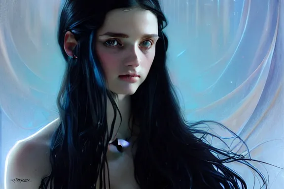 Image similar to portrait of teenage girl with long glossy black hair, blue eyes, glowing skin, fashion model features, fantasy, intricate, elegant, black dress, highly detailed, digital painting, artstation, concept art, smooth, sharp focus, illustration, art by Krenz Cushart and Artem Demura and alphonse mucha