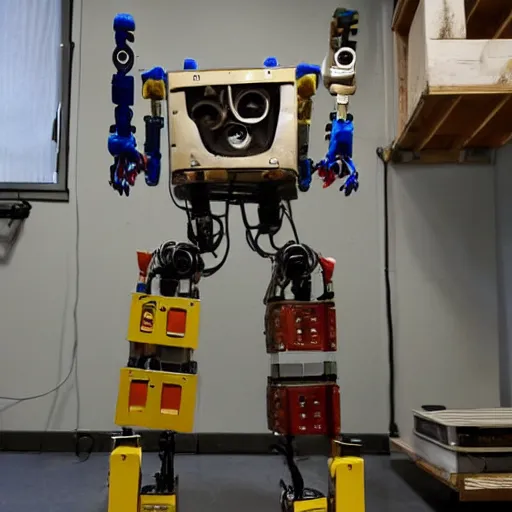 Image similar to a humanoid bipedal robot made of spare parts and household materials in a workshop, garage or closet