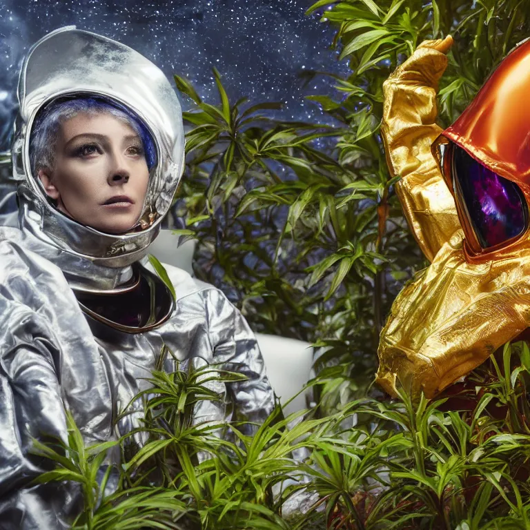 Image similar to octane render portrait by wayne barlow and carlo crivelli and glenn fabry, subject is a woman covered in tie - dye aluminum foil space suit with a colorful metallic space helmet, surrounded by alien plants, cinema 4 d, ray traced lighting, very short depth of field, bokeh