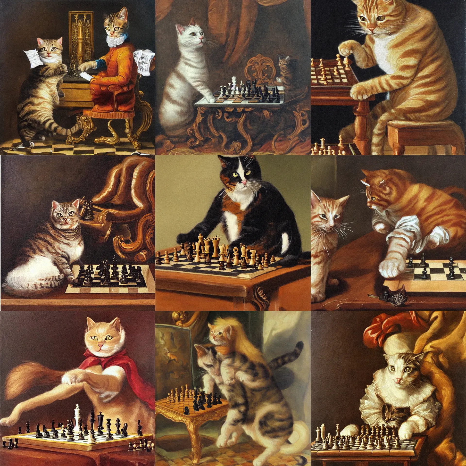 Image similar to cat playing chess looking wise, rococo oil painting