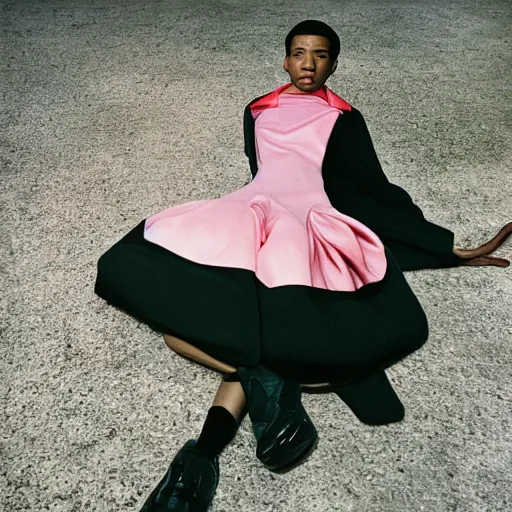 Image similar to realistic photoshooting for a new balenciaga lookbook, color film photography, portrait of a beautiful woman, by photo in style of Tyler Mitchell, wes anderson, Julia Hetta, Tim Walker, Petra Collins, 35mm,