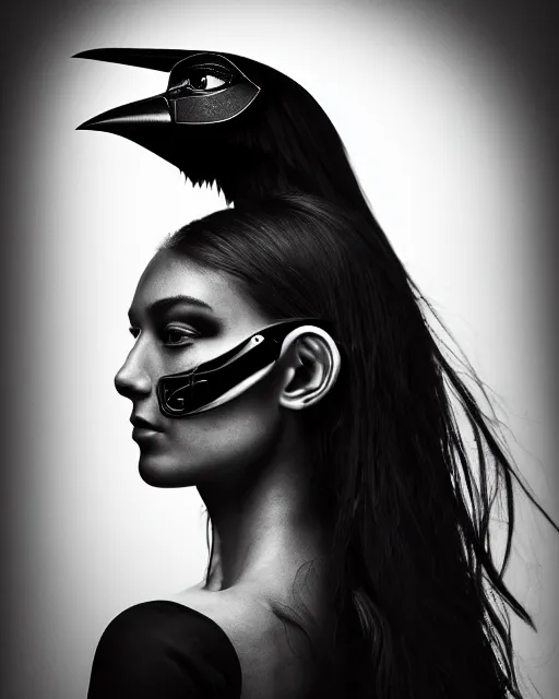 Image similar to a profile portrait, a stunning young woman - cyborg with a mutant crow head, editorial photography, bw, shot on 7 0 mm, depth of field, f / 2. 8, high contrast, 1 6 k, volumetric lighting, shiny, insanely detailed and intricate, hypermaximalist, elegant, ornate, hyper realistic, super detailed