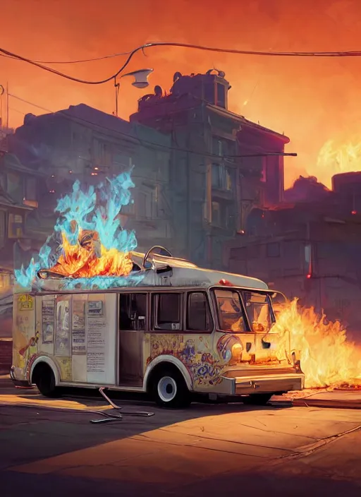 Image similar to highly detailed image of an ice cream truck on fire, in gta v, stephen bliss, unreal engine, fantasy art by greg rutkowski, loish, rhads, ferdinand knab, makoto shinkai and lois van baarle, ilya kuvshinov, rossdraws, tom bagshaw, global illumination, radiant light, detailed and intricate environment