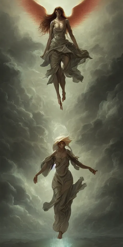 Prompt: a defiant angel walking towards the heavenly gates of hope surrounded by the dark clouds of fear and despair, artistic, artstation painting, behance, peter mohrbacher