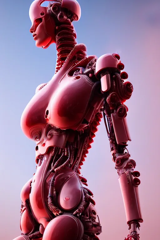 Image similar to a statue made of red marble, of an beautiful chinese girl, full body shot, perfect body, white biomechanical, inflateble shapes, wearing epic bionic cyborg implants, masterpiece, intricate, biopunk futuristic wardrobe, vogue, highly detailed, artstation, concept art, background galaxy, cyberpunk, octane render