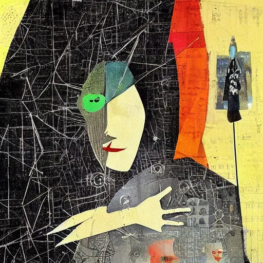 Image similar to a naive woman with a memory that survives the reset of the world, and a small robot bird on her shoulder, collage artwork by dave mckean and roberto matta