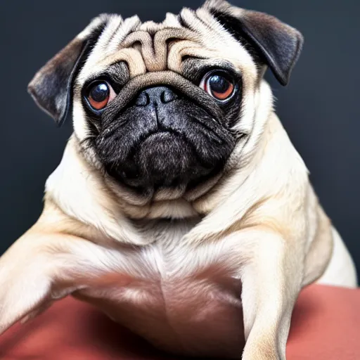 Image similar to a pug whose legs have been replaced with human legs, photo