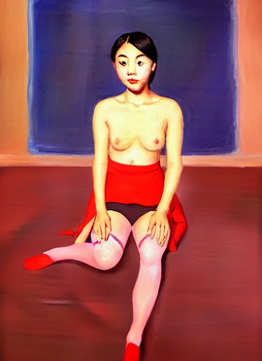 Image similar to oil painting of an asian annasophia robb in a learning uniform wearing stockings, teaching you a lesson in a void room full of existential horror painted by Bryan Lee O'Malley and Edward Hopper, John Singer Sargant, inspired by paintings of Francis Bacon and melting color palette of Mark Rothko