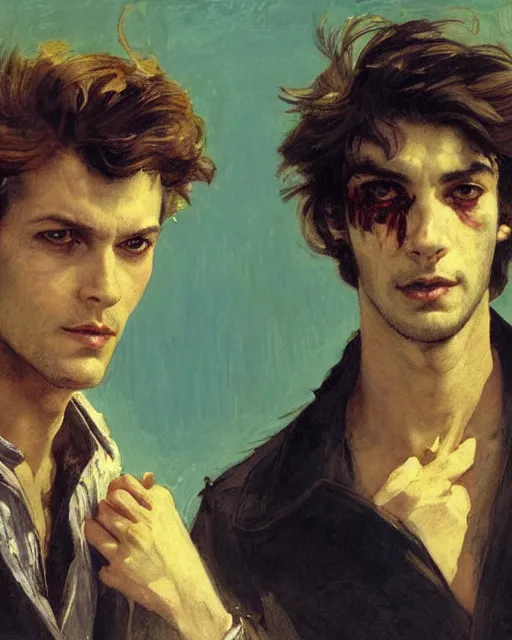 Prompt: two handsome but sinister young men in layers of fear, with haunted eyes and wild hair, 1 9 7 0 s, seventies, wallpaper, a little blood, moonlight showing injuries, delicate embellishments, painterly, offset printing technique, by coby whitmore, jules bastien - lepage