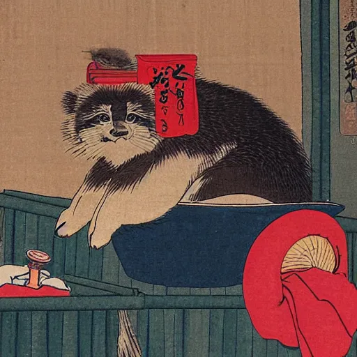 Prompt: Tanuki doing his laundry in the style of ukiyo-e