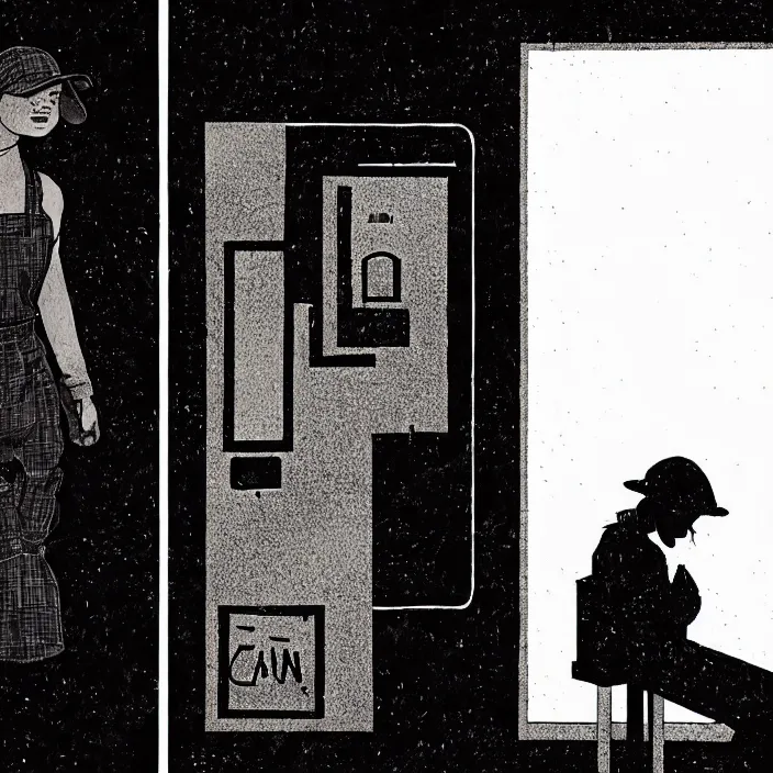 Image similar to sadie sink as a coal miner : inserts a card into a slot. inside a minimalist dirty automated kiosk. bright tasty food options displayed on a wall. black tiles on walls. a seat and table. black and white, pencil and ink. by gabriel hardman, joe alves, chris bonura. cinematic atmosphere, detailed and intricate, perfect anatomy