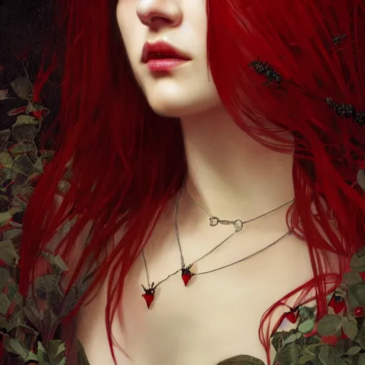 Prompt: portrait of beautiful vampire, rose thorn crown, thorns everywhere, headshot, pale skin, 4k, rule of thirds, extreme detail, detailed drawing, trending artstation, hd, fantasy, D&D, realistic lighting, by Alphonse Mucha, Greg Rutkowski, sharp focus, backlit, bright red hair, small necklace,