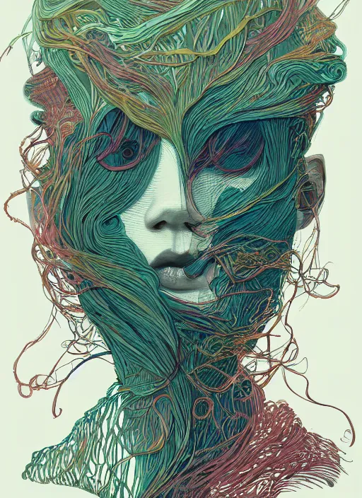 Prompt: beautiful illustration of a face made of ribbons of seaweed, in the style victo ngai and sam guay and abigail larson and moebius, rim light, vibrant moody colors, trending on artstation