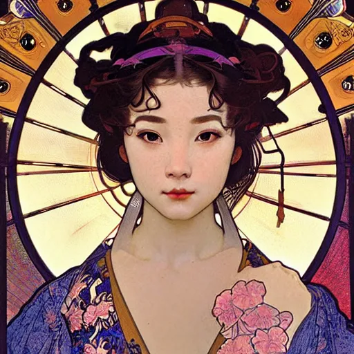 Prompt: realistic detailed face portrait of a beautiful young geisha by Alphonse Mucha, Greg Hildebrandt, and Mark Brooks, gilded details, spirals, Neo-Gothic, gothic, Art Nouveau, ornate medieval religious icon