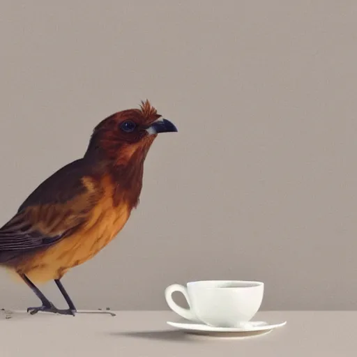 Prompt: mix between woman and bird, having a cup of coffee.