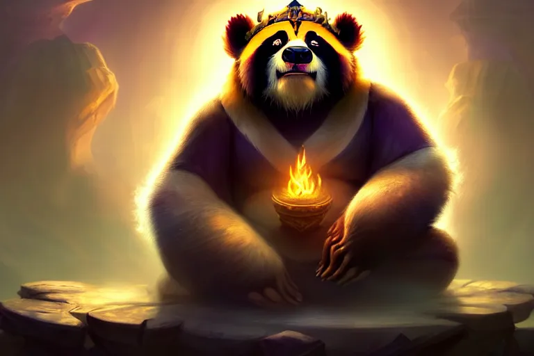 Image similar to [ important ] amazing portrait of a pandaren meditating [ / important ], hearthstone splash art, deiv calviz, splash art, natural light, elegant, intricate, fantasy, atmospheric lighting, by greg rutkowski, hearthstone splash art, hd wallpaper, ultra high details, cinematic composition