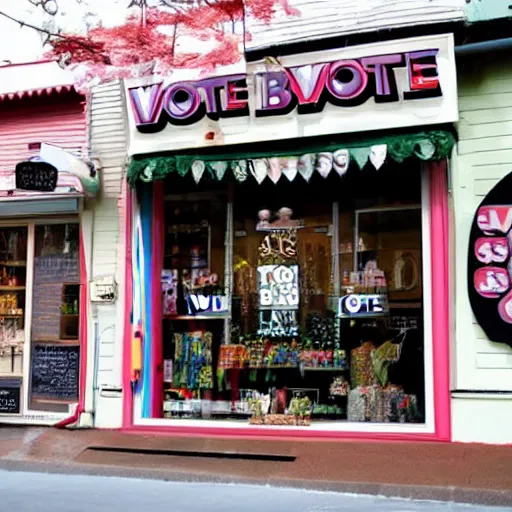 Prompt: a store front that says vote bless