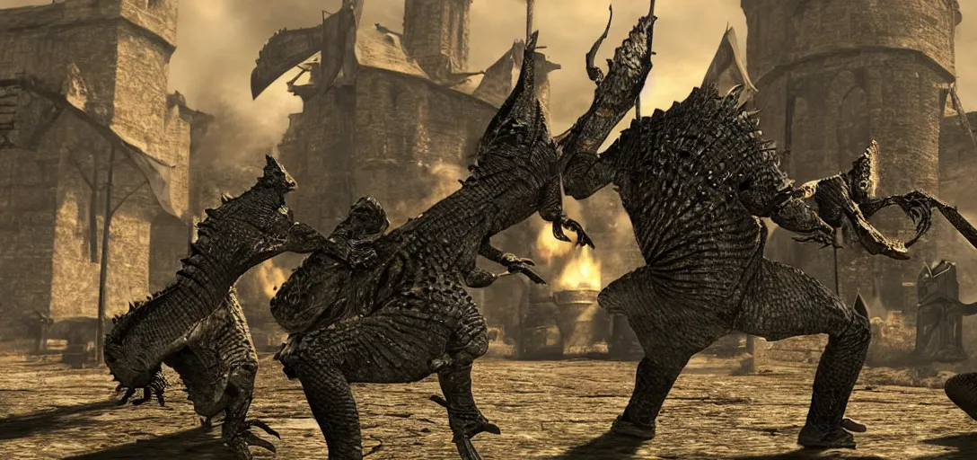 Image similar to lizards in dark souls armor battling a boss