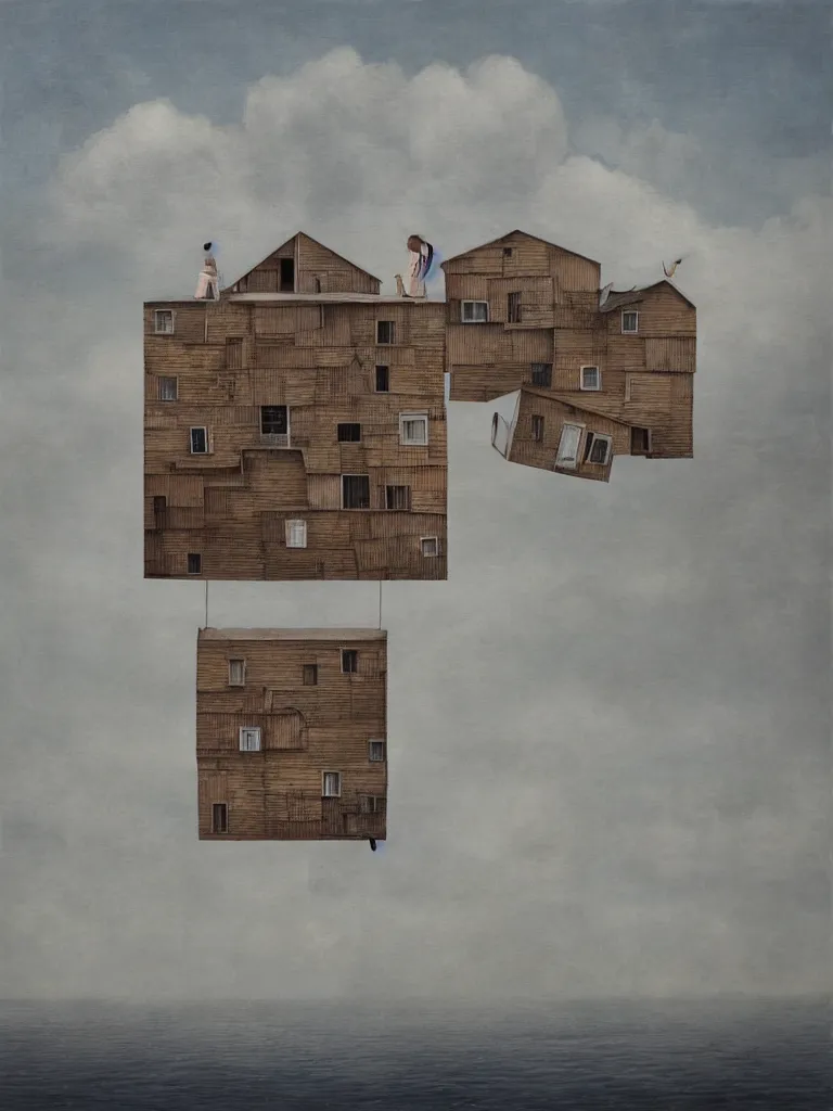 Image similar to artist cinta vidal painting on wooden canvas of house floating in the air,