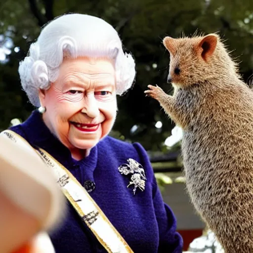 Image similar to Queen Elizabeth II selfie with a quokka