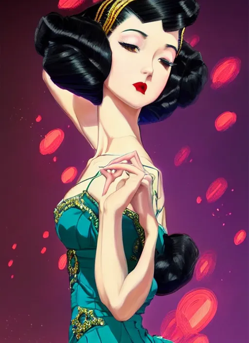 Image similar to a beautiful dancer with black hair in 1930's fashion, ballroom background, intricate, highly detailed, digital painting, artstation, official media, anime key visual, concept art, rich vivid colors, ambient lighting, sharp focus, illustration, art by Artgerm, Makoto Shinkai, Ilya Kuvshinov, Lois Van Baarle, and Rossdraws