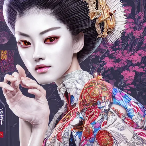 Prompt: the portrait of an absurdly beautiful, graceful, elegant, sophisticated, fashionable cyberpunk geisha gravure idol, an ultrafine hyperdetailed illustration by kim jung gi, irakli nadar, vania zouravliov, intricate linework, bright colors, porcelain skint, unreal engine 5 highly rendered, global illumination, radiant light, detailed and intricate environment