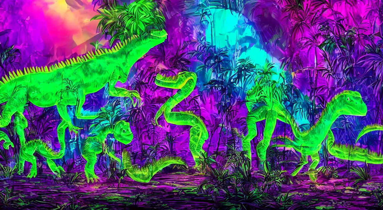 Image similar to spectral purple neon dinosaur, spectral neon pink dinosaur, spectral yellow neon dinosaur, green jungle background, detailed, ultrawide landscape