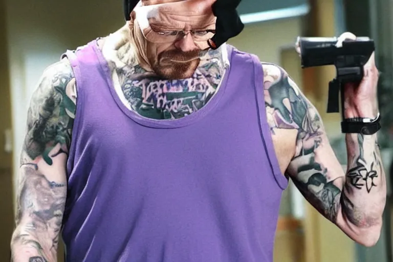 Image similar to walter white as a white gang member wearing a purple head covering made from a polyester or nylon material and a stained white tank top doing a drive - by shooting, arms covered in gang tattoo, paparazzi, leaked footage, uncomfortable, bad quality