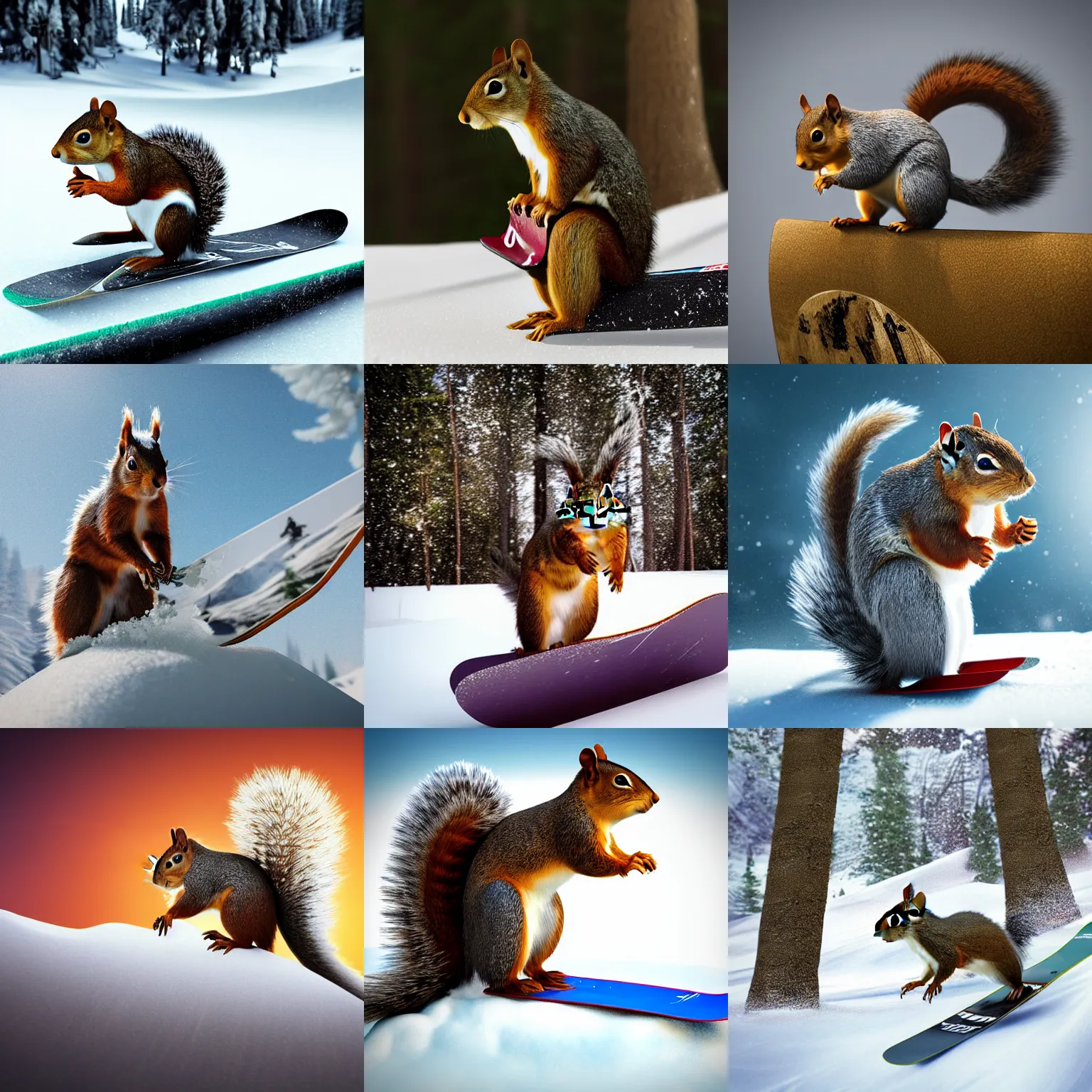 Prompt: a squirrel on a snowboard photograph fantasy 3 d octane render