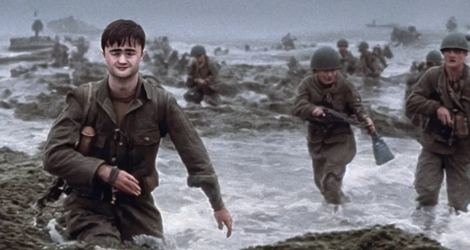 Prompt: Film still of Daniel Radcliffe storming beaches of Normandy in Saving Private Ryan